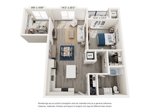 Floor plan for 1 bed, 1 bath, 958 sqft